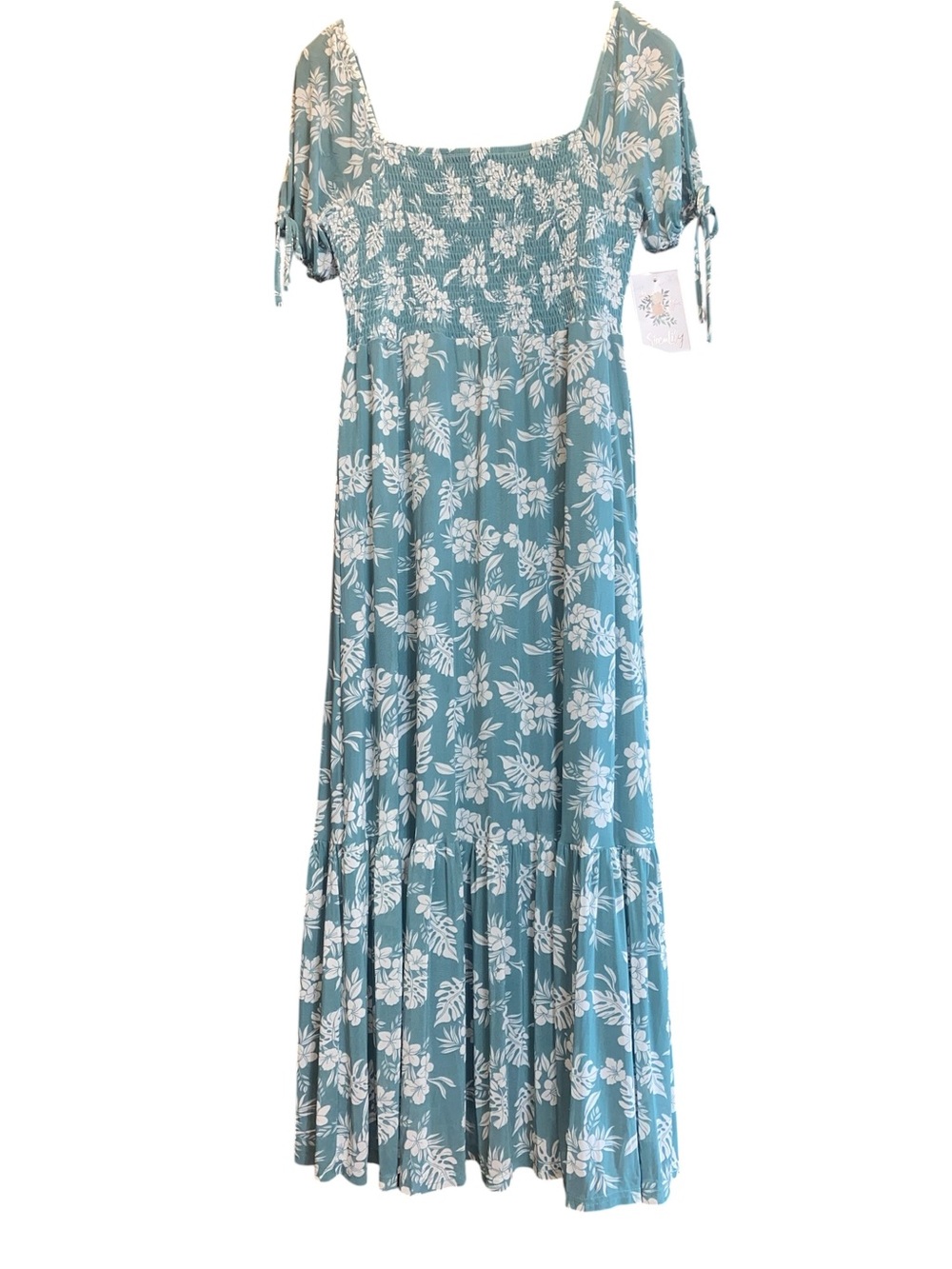 Floral Smocked Puff Sleeve maxi dress Hawaiian tropical wedding guest